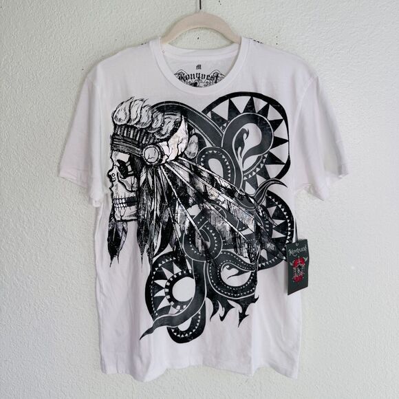 Konquest Shirt Men Medium Skull Metallic Feather Snake Tee Y2K Grunge Western - Picture 1 of 7